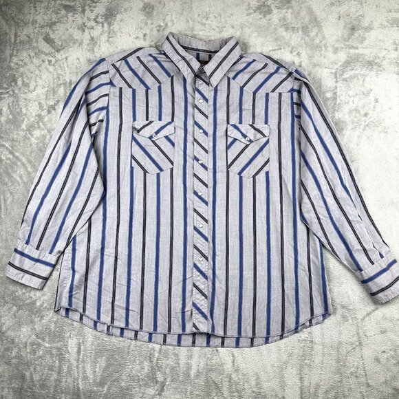 Wrangler Pearl Snap Gray Blue Striped Western Cowboy Long Sleeve Shirt Mens XXL - Picture 1 of 7